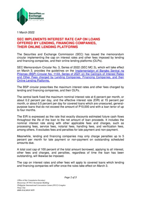 SEC IMPLEMENTS INTEREST RATE CAP ON LOANS .